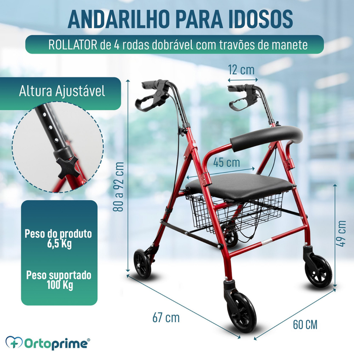 Andarilho para Idosos Dobrável com Quatro Rodas | Assento e Cesto