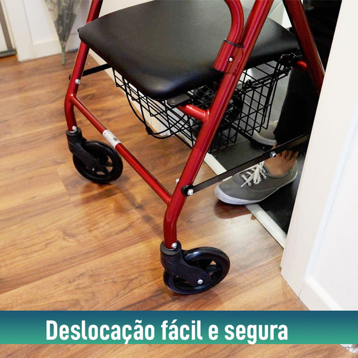 Andarilho para Idosos Dobrável com Quatro Rodas | Assento e Cesto