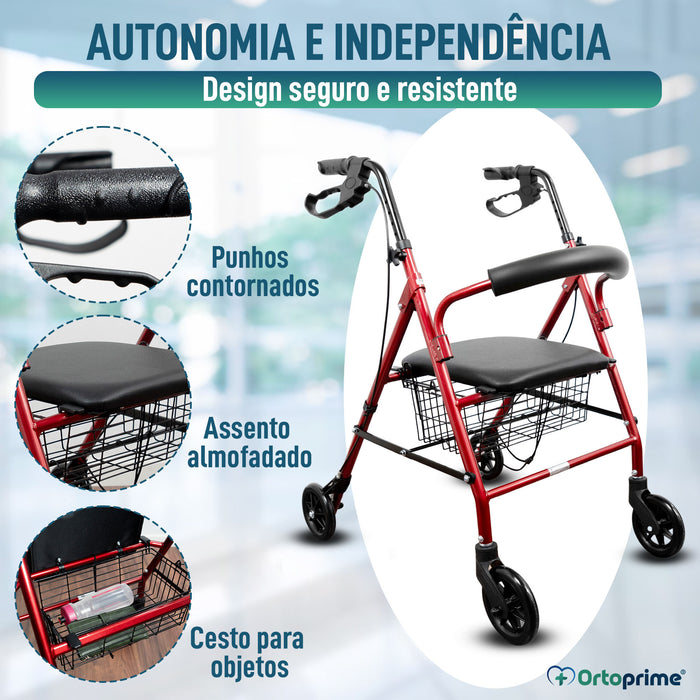 Andarilho para Idosos Dobrável com Quatro Rodas | Assento e Cesto