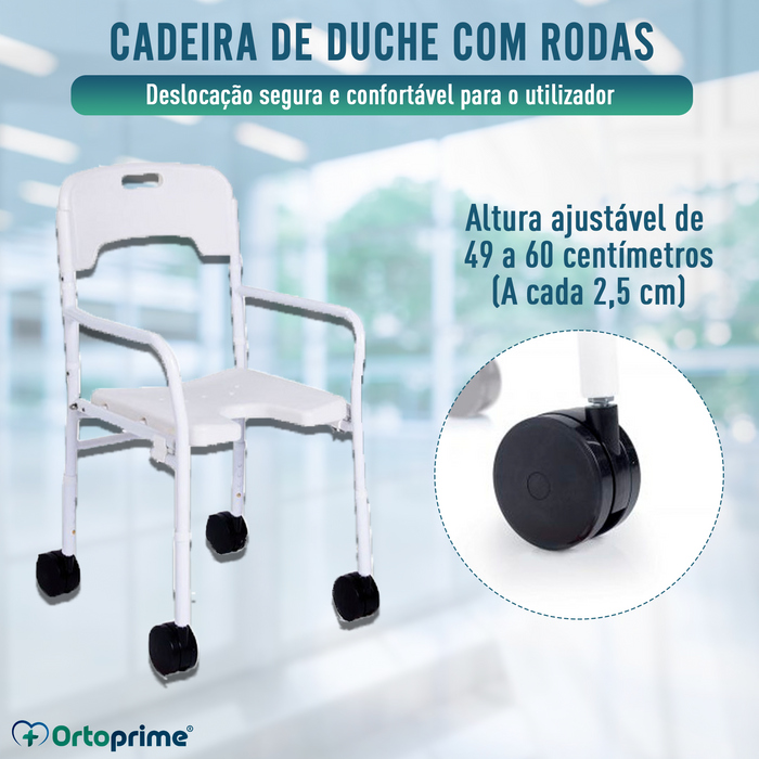 Cadeira de Duche com Rodas e Altura Regulável - Dobrável