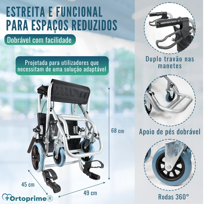 Cadeira de Rodas Estreita de Trânsito Dobrável em Alumínio | Travão nas Manetes