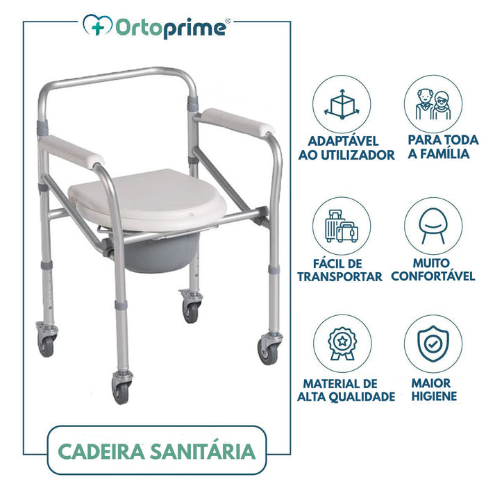Cadeira Sanitária Dobrável com Rodas - Regulável