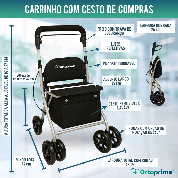 Andarilho Adultos Dobrável Rollator com Carrinho