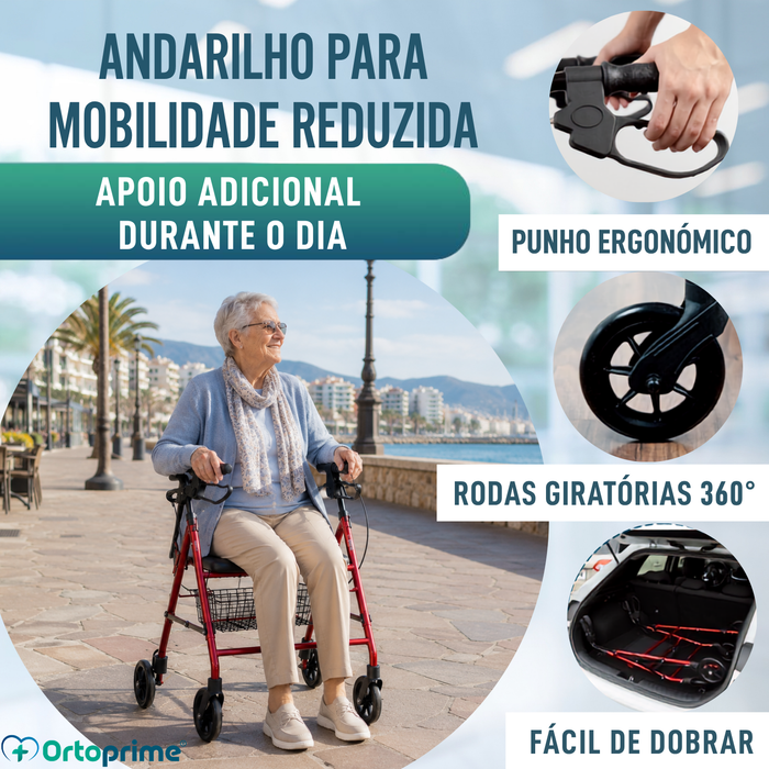 Andarilho para Idosos Dobrável com Quatro Rodas | Assento e Cesto