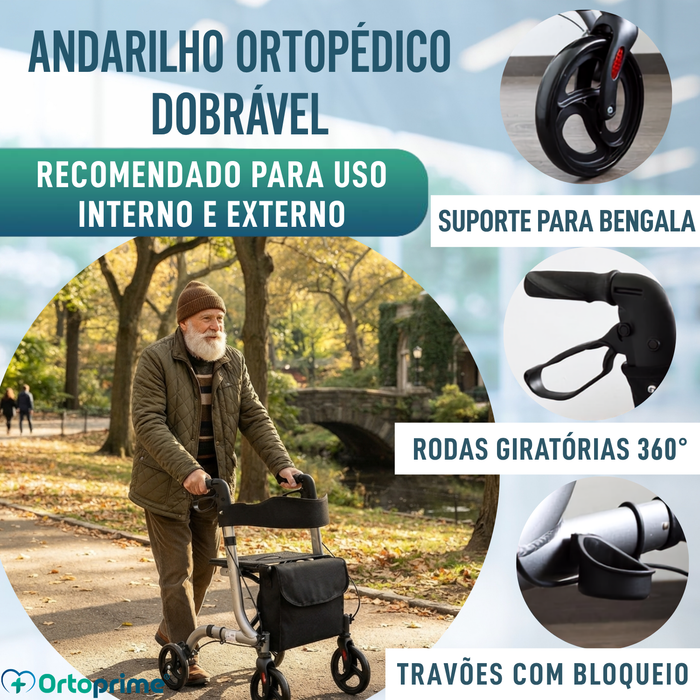 Andarilho para Idosos em Alumínio com 4 Rodas Dobrável Assento e Travões