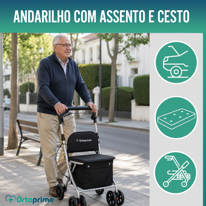 Andarilho Adultos Dobrável Rollator com Carrinho