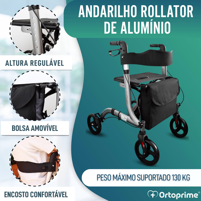 Andarilho para Idosos em Alumínio com 4 Rodas Dobrável Assento e Travões