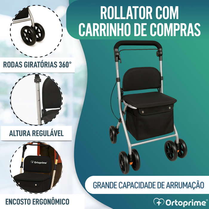 Andarilho Adultos Dobrável Rollator com Carrinho