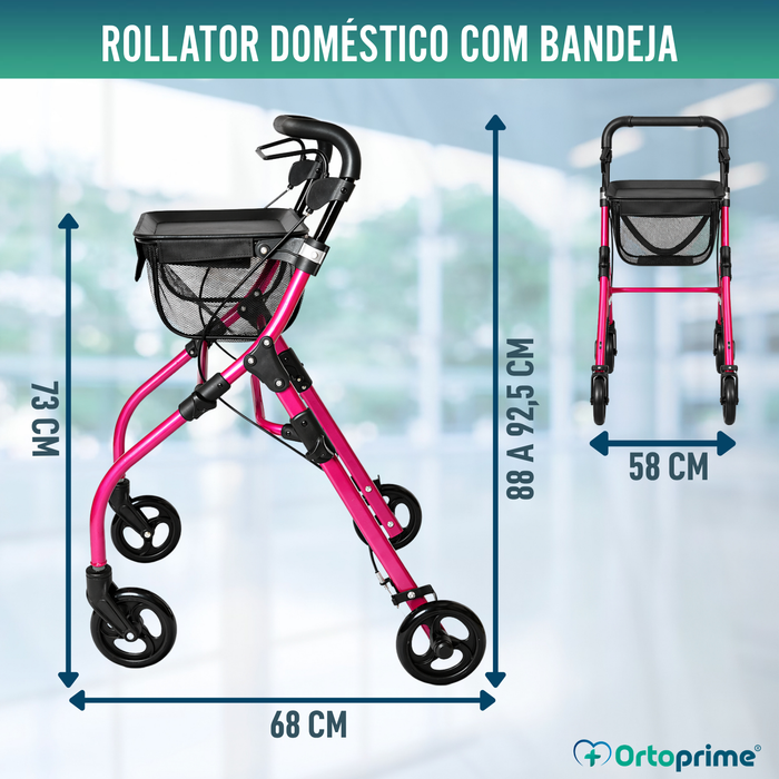 Andarilho Rollator Dobrável de Interior com Tabuleiro