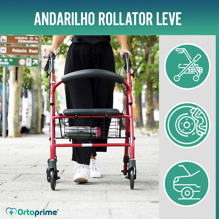 Andarilho para Idosos Dobrável com Quatro Rodas | Assento e Cesto
