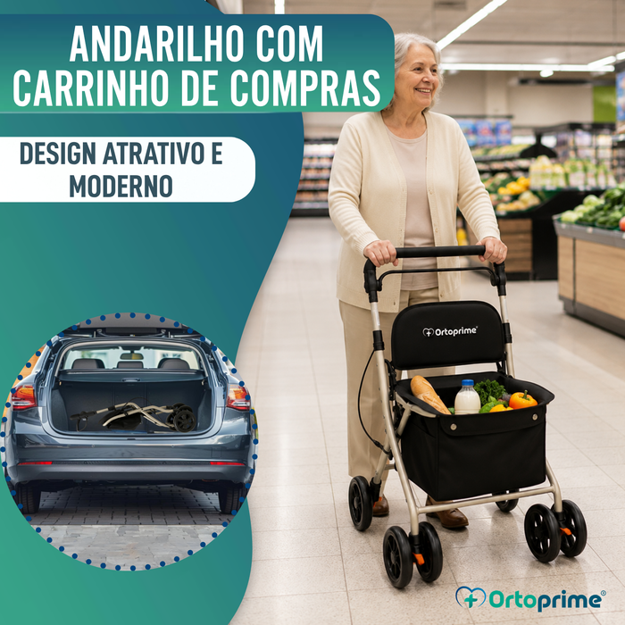 Andarilho Adultos Dobrável Rollator com Carrinho