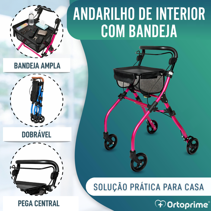 Andarilho Rollator Dobrável de Interior com Tabuleiro