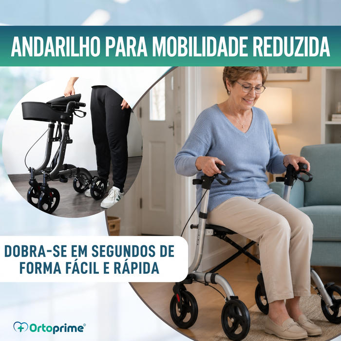 Andarilho para Idosos em Alumínio com 4 Rodas Dobrável Assento e Travões
