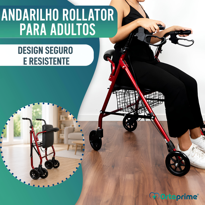 Andarilho para Idosos Dobrável com Quatro Rodas | Assento e Cesto