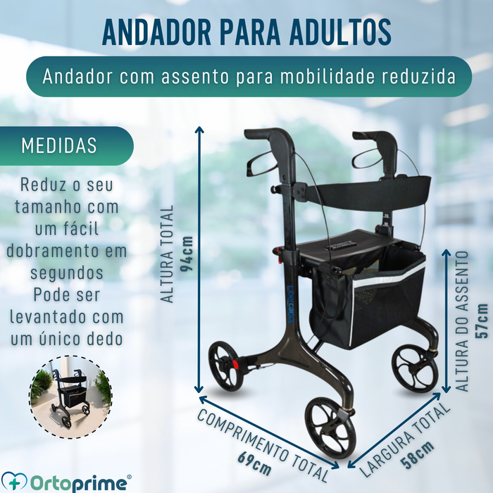 Andarilho Dobrável para Adultos com Assento | Fibra Carbono