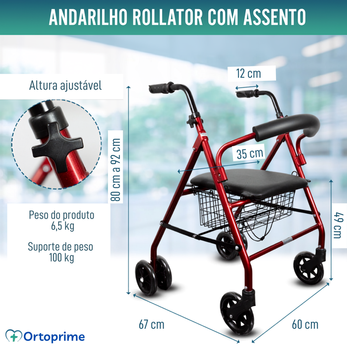 Andarilho para Idosos Dobrável Quatro Rodas com Travões a Carregar