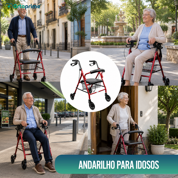 Andarilho para Idosos Dobrável com Quatro Rodas | Assento e Cesto