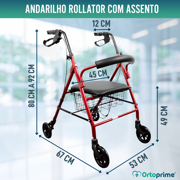 Andarilho para Idosos Dobrável com Quatro Rodas | Assento e Cesto