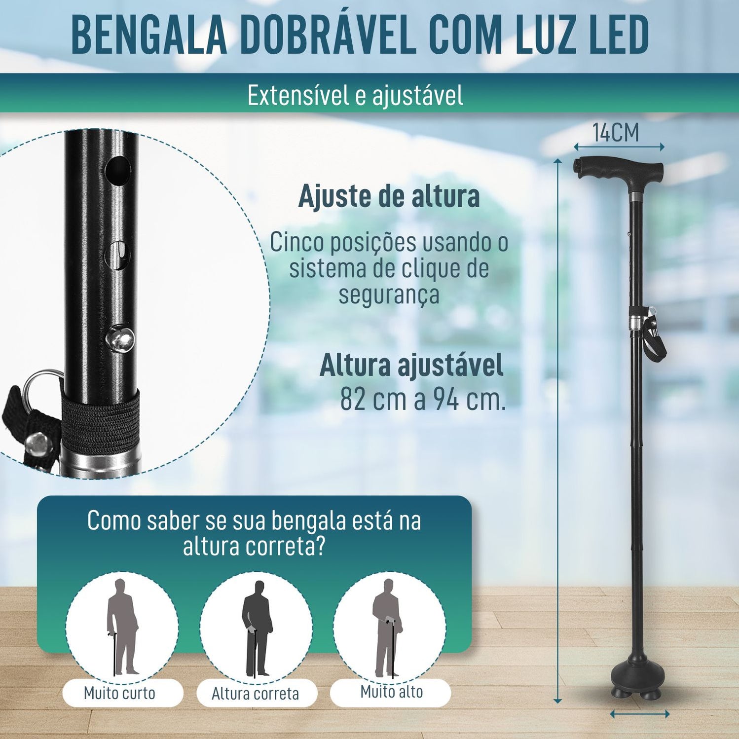 Bengala Dobrável para Idosos Extensível com Luz LED— OrtoPrime.pt