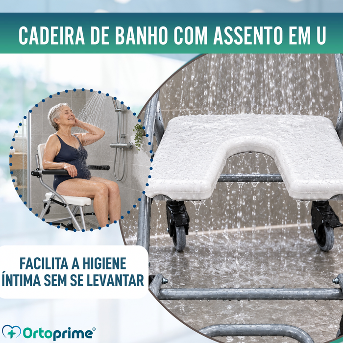 Cadeira de Banho Dobrável com Rodas - Assento Higiénico em U
