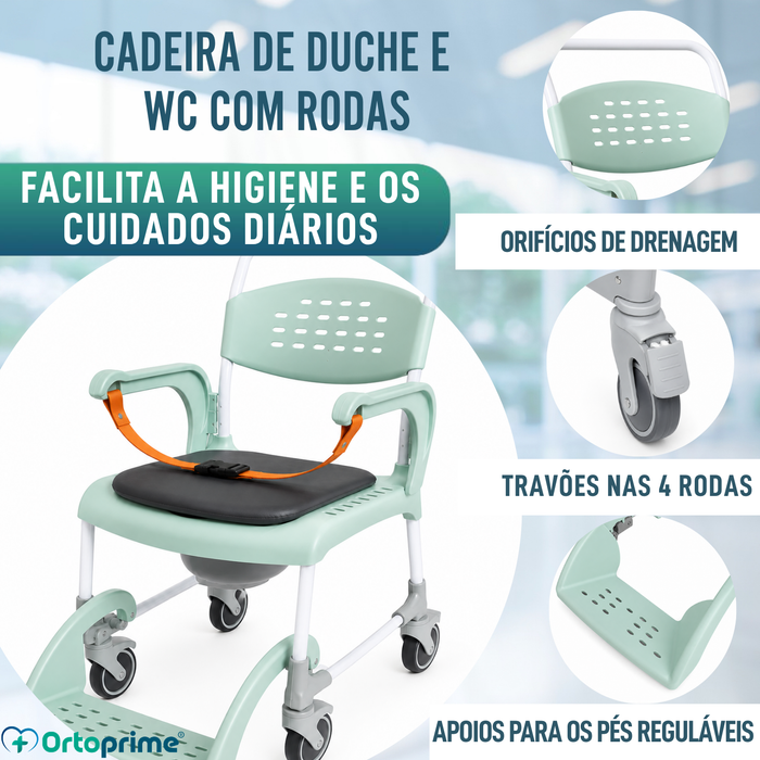 Cadeira Sanitária Banho com Rodas 3 em 1 | Assento com Drenagem