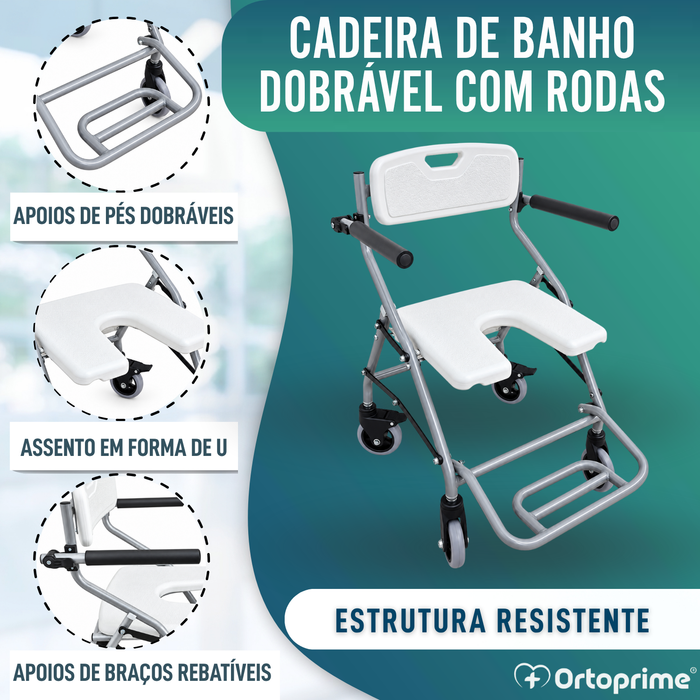Cadeira de Banho Dobrável com Rodas - Assento Higiénico em U