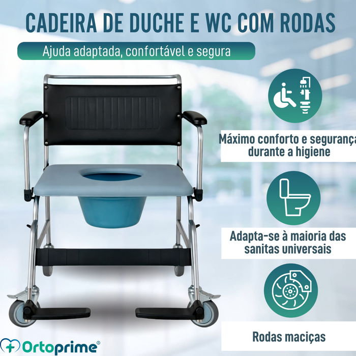 Cadeira de Duche WC com Rodas e Travão | Acolchoada