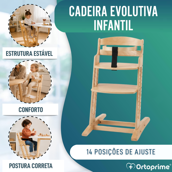 Cadeira Alta Infantil Evolutiva de Madeira | Altura Ajustável