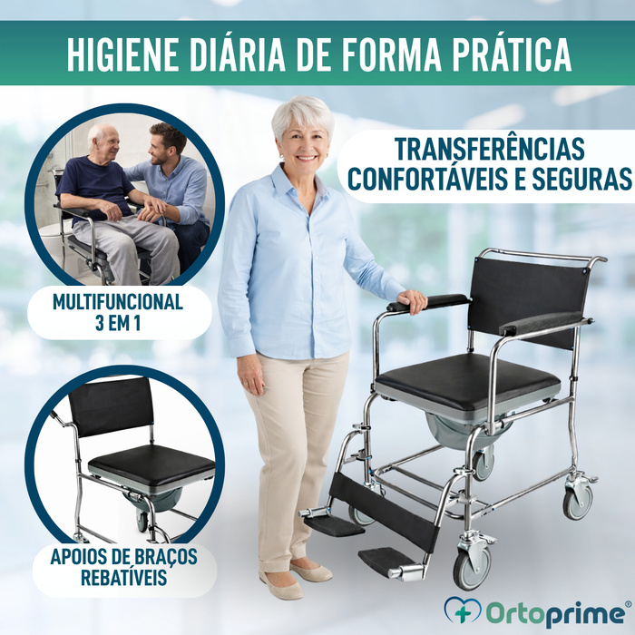Cadeira de Duche WC com Rodas e Travão | Acolchoada