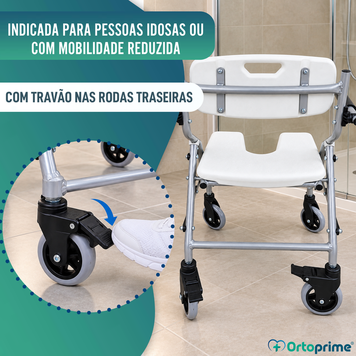Cadeira de Banho Dobrável com Rodas - Assento Higiénico em U