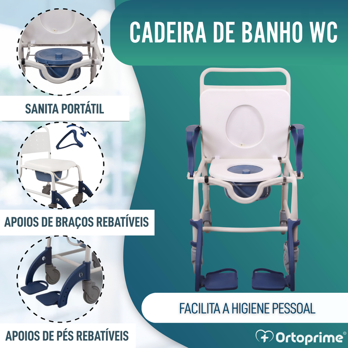 Cadeira Duche WC Adultos Braços e Pés Rebatíveis | WC Portátil