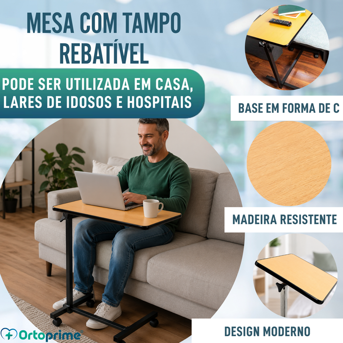 Mesa Auxiliar Dobrável com Altura Ajustável e Tampo Reclinável 90°