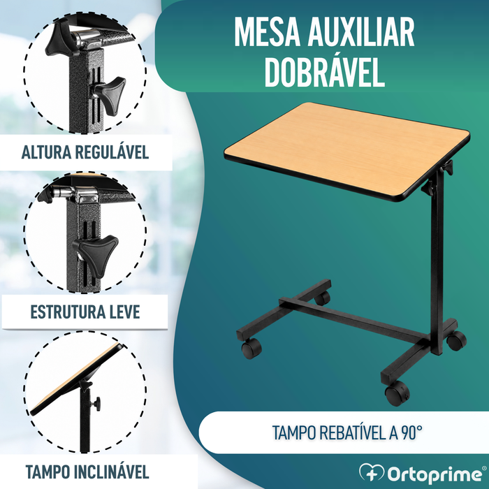 Mesa Auxiliar Dobrável com Altura Ajustável e Tampo Reclinável 90°