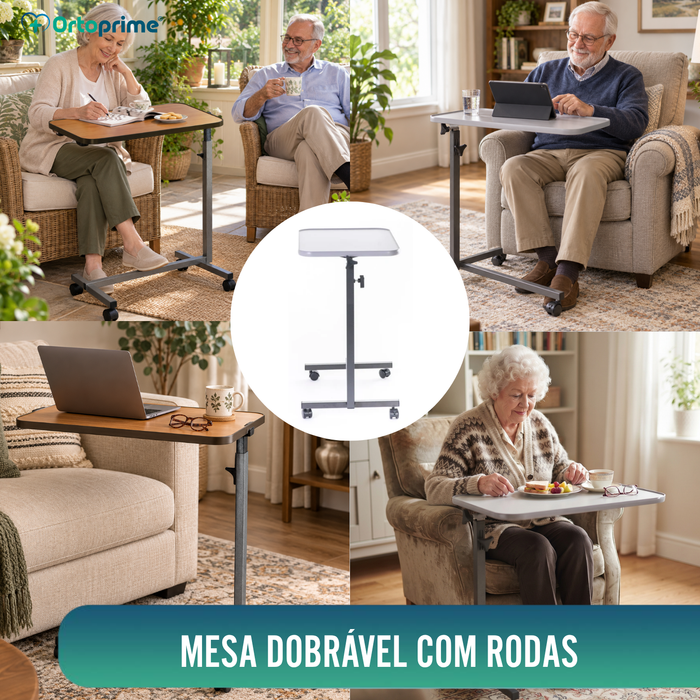 Mesa de Apoio Lateral com Rodas - Cinza Pérola / Madeira