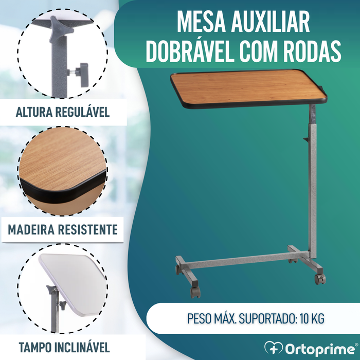 Mesa de Apoio Lateral com Rodas - Cinza Pérola / Madeira