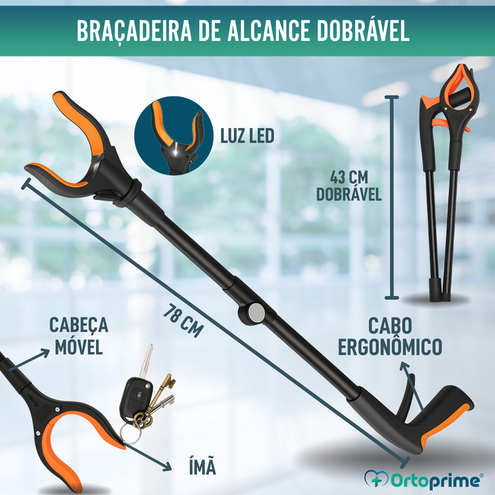 Pinça Recolhe Objetos com Imã e LED | Alcançador Dobrável
