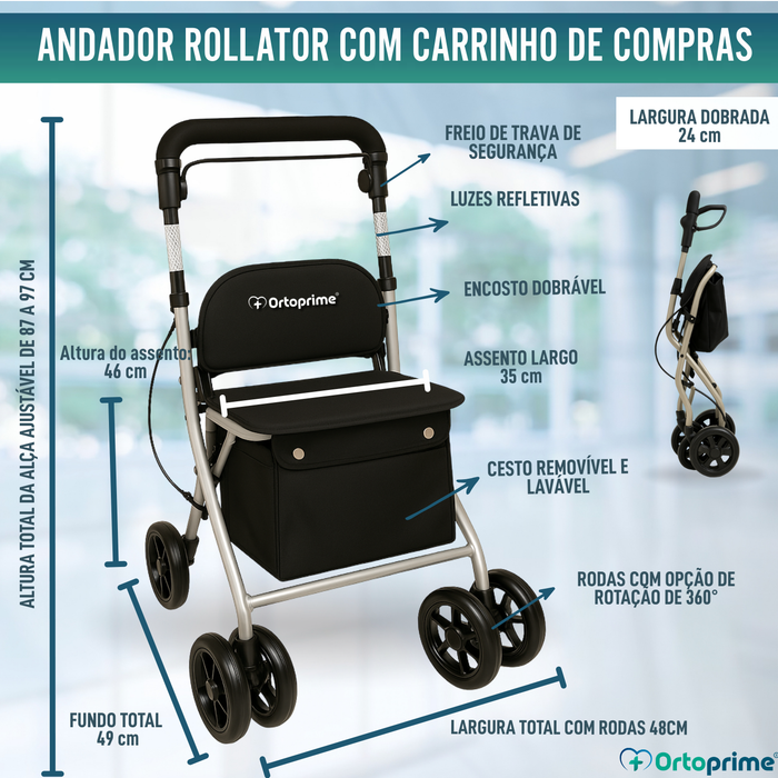 Andarilho Adultos Dobrável Rollator com Carrinho