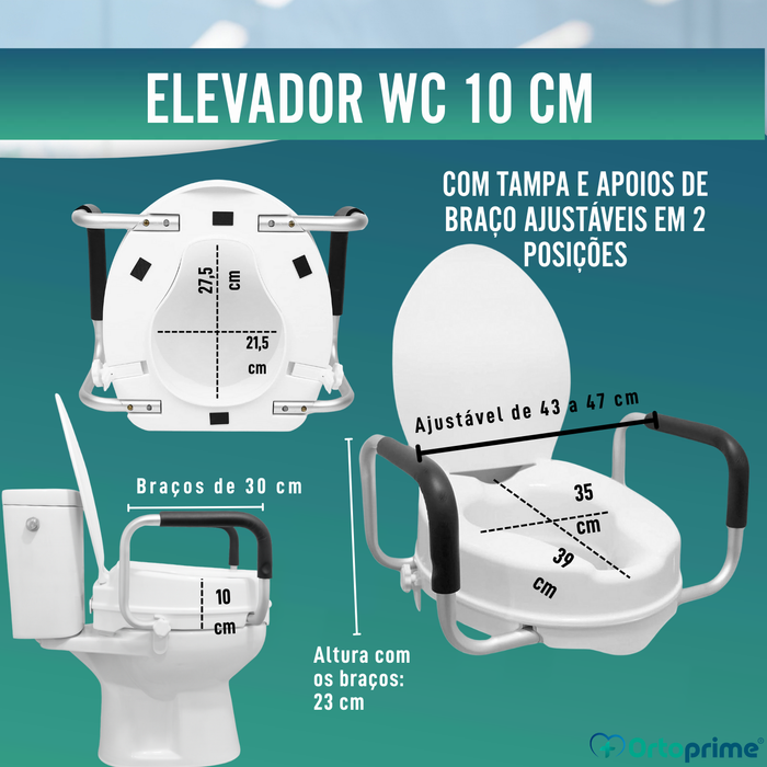 Elevador WC 10cm com Tapa e Braços | Alçador WC Universal