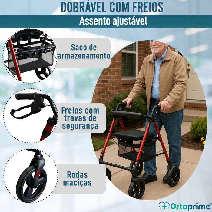 Andarilho Rollator com Assento Regulável Dobrável