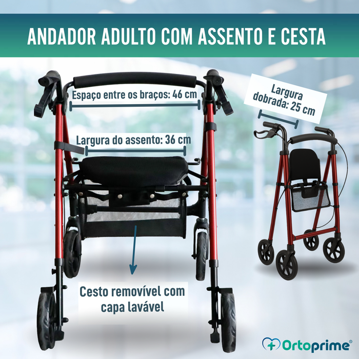 Andarilho Rollator com Assento Regulável Dobrável