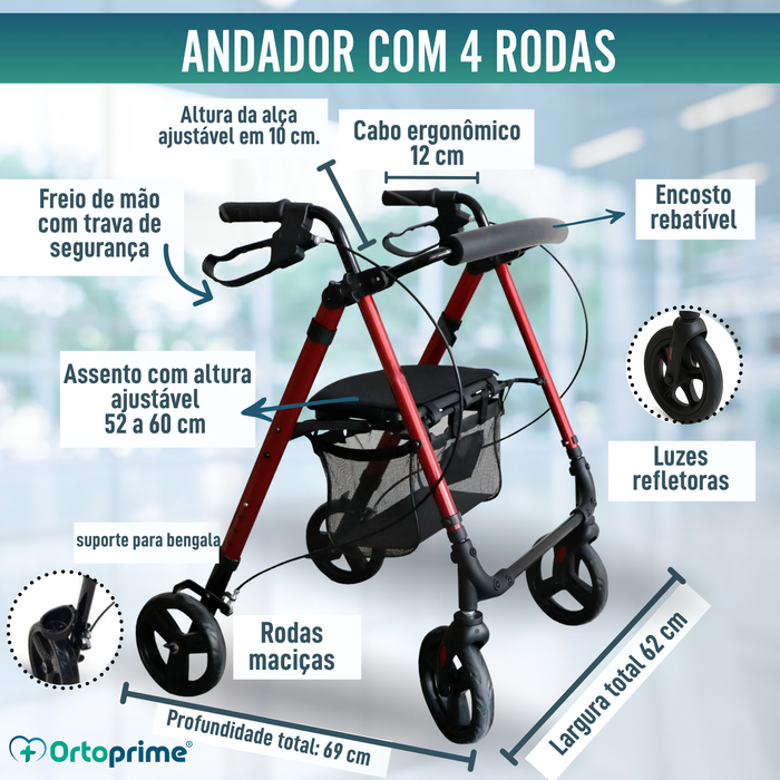 Andarilho Rollator com Assento Regulável Dobrável
