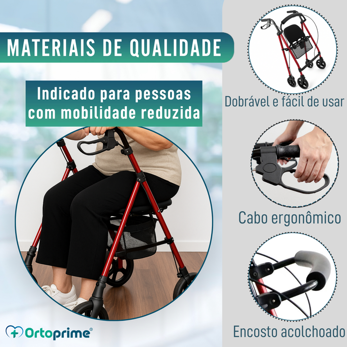 Andarilho Rollator com Assento Regulável Dobrável