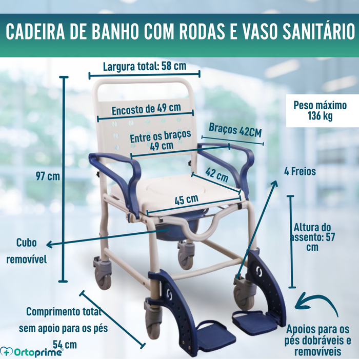 Cadeira Duche WC Adultos Braços e Pés Rebatíveis | WC Portátil