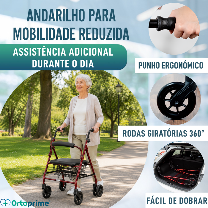 Andarilho para Idosos Dobrável Quatro Rodas com Travões a Carregar