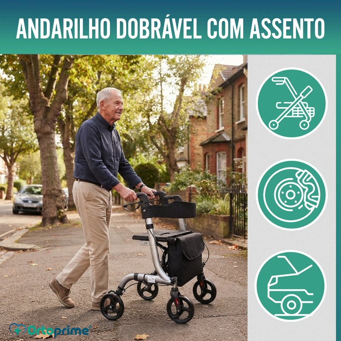 Andarilho para Idosos em Alumínio com 4 Rodas Dobrável Assento e Travões