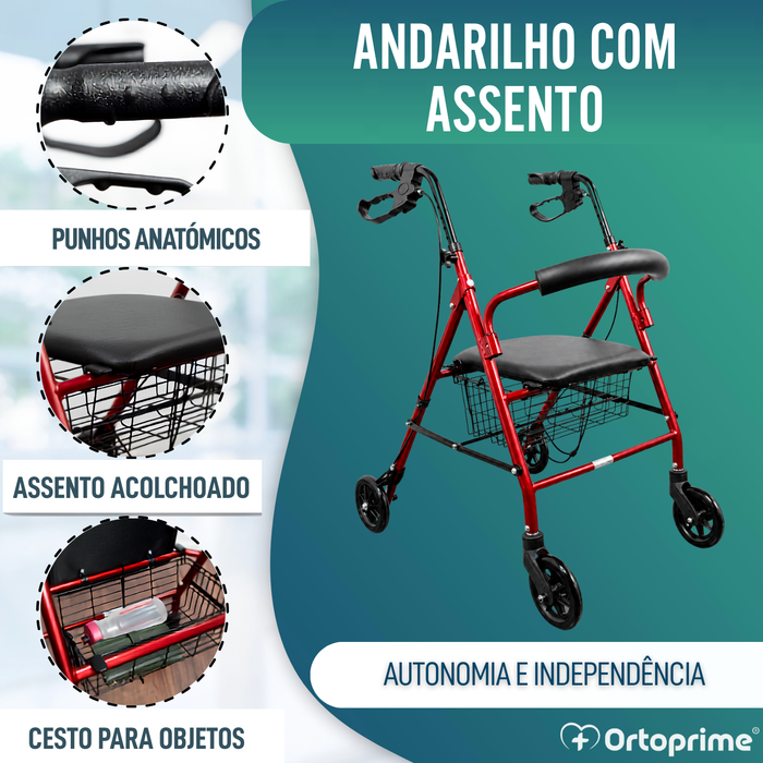 Andarilho para Idosos Dobrável com Quatro Rodas | Assento e Cesto