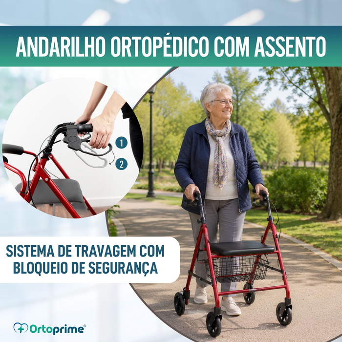 Andarilho para Idosos Dobrável com Quatro Rodas | Assento e Cesto
