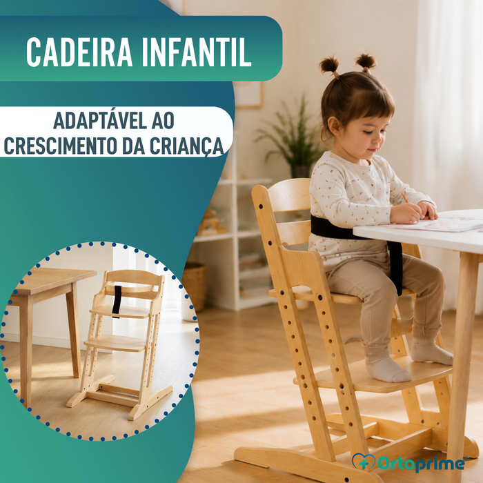 Cadeira Alta Infantil Evolutiva de Madeira | Altura Ajustável